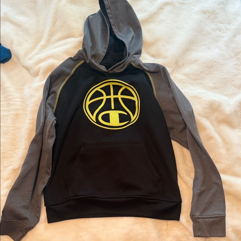 Champion Hoodie with Yellow Logo and Gray Sleeves